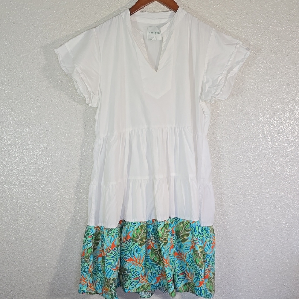 Marigold White and Tropical Print Mini Dress